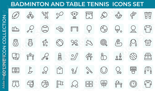 Badminton and Table Tennis Outline icon set. sports equipment, activities, football, basketball, cycling, running, swimming, trophies, teamwork, training.Thin outline icons pack. Vector illustration