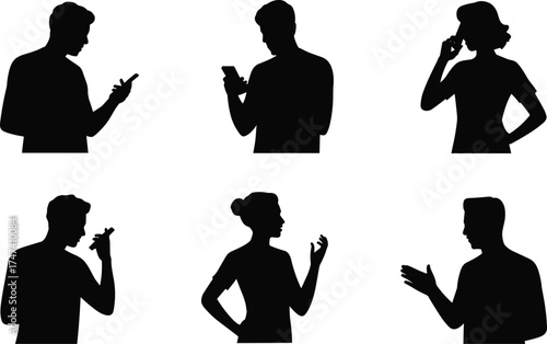 Mobile phone silhouettes, people using smartphones, talking on call, texting, communication concept, digital lifestyle, technology addiction, modern society, gadget usage, connectivity
