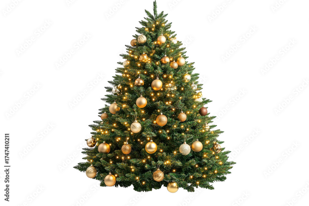 Fototapeta premium Decorated Christmas tree with gold ornaments and warm string lights isolated on Transparent Background