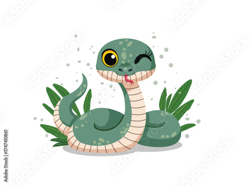 Green snake winking illustration. Art vector