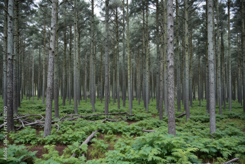 Obraz premium Exploring tranquil pine forests nature landscape lush green ferns calm environment ground-level view serenity and wilderness