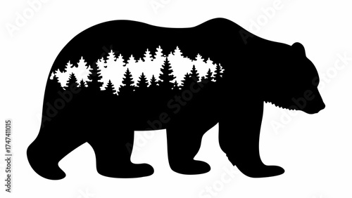 Majestic bear silhouette featuring a forest inside, nature and wildlife integration in simple animal art
