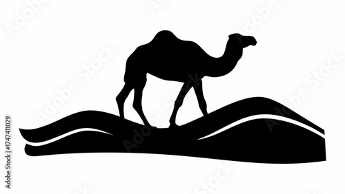 Majestic camel silhouette on desert dunes evokes adventure and travel destinations in the Middle East