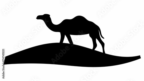 Dramatic camel silhouette walking on desert dunes conveying travel and adventure