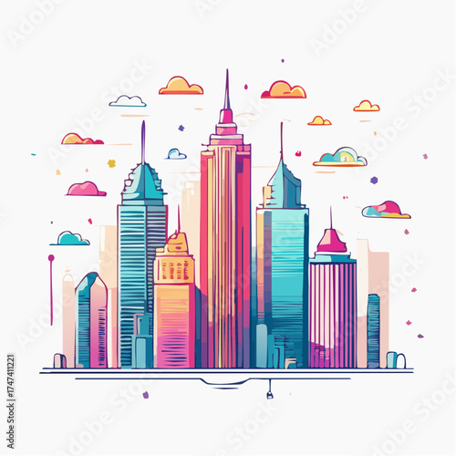 Colorful cityscape skyline with clouds
