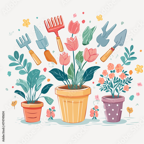 Spring flowers and gardening tools in pots