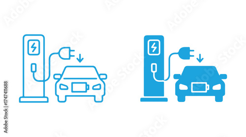 Electric Vehicle Charging Station and Icon Set for Cars.
Charger with Plug for Electric Power Car Symbols.
Charging Station for Eco-Friendly Vehicles.
Isolated Vector Graphic.