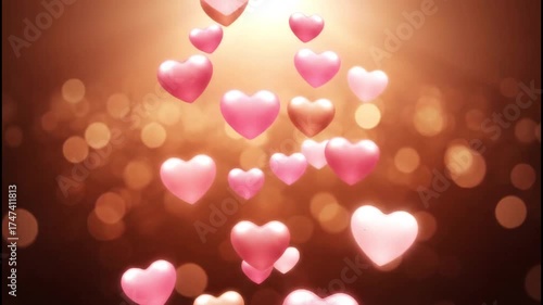 Floating warm heart bokeh animation with rays