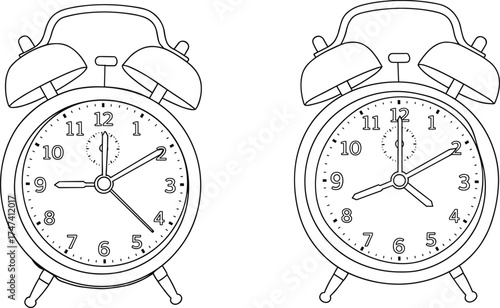 Vintage twin bell alarm clocks, retro timepieces, classic analog design, morning wake up, punctuality, timeless style, home decor, office accessory