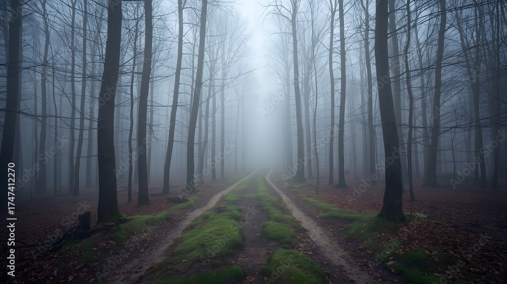 Obraz premium Misty autumn forest path covered with fallen leaves leading into dense fog among tall bare trees, creating a mysterious atmospheric landscape that evokes solitude, tranquility, and the beauty of natur