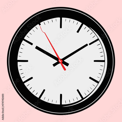 Illustration of a classic, minimalist round black and white analog wall clock with bold minute and hour markings and simple red second hand