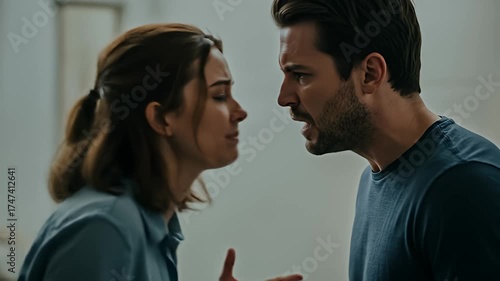 Man and woman face each other, arguing intensely with raised voices and tense expressions