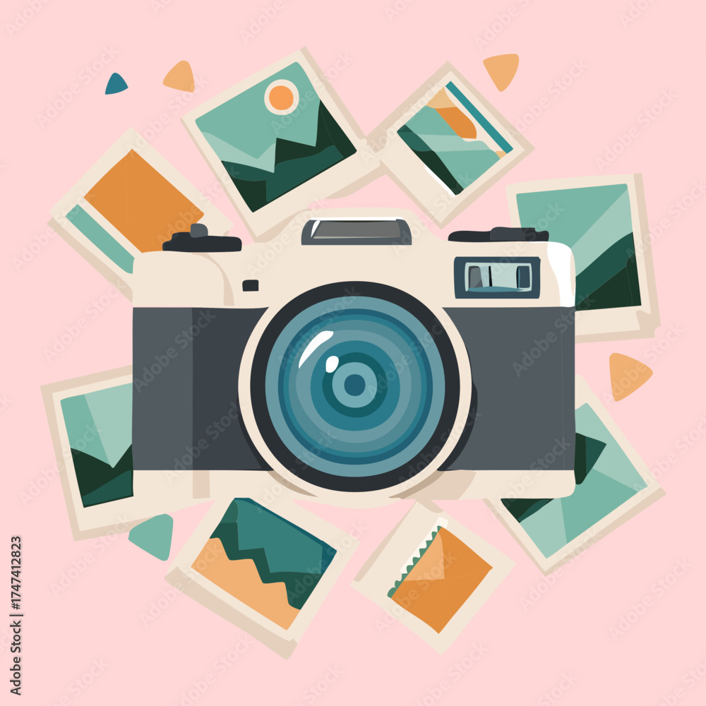 Obraz premium Retro Camera with Scattered Snapshots and Confetti-like Elements on a Bright Pink Background