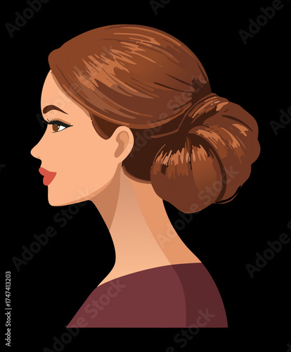 Illustration of a poised woman in three-quarter profile with warm brown hair elegantly swept into a voluminous, textured, and sophisticated low side bun hairstyle