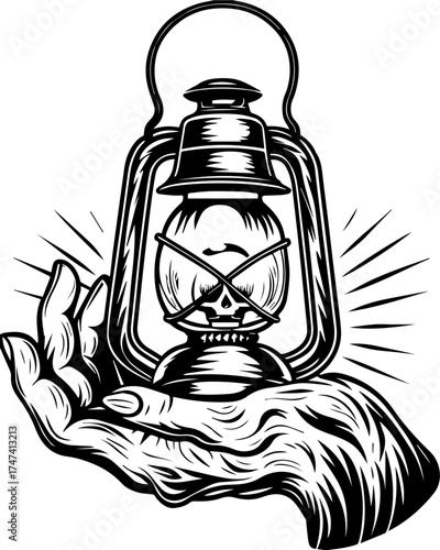 SVG skull with lantern, forgotten Halloween theme. Hand Holding Vintage Lantern with Skull Design in Black and White Style