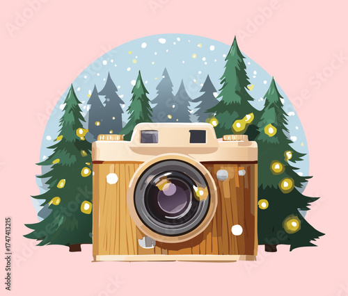 Illustration of a retro wooden camera placed gently amongst pine trees and snow, capturing a peaceful, wintry forest landscape and nature photography theme