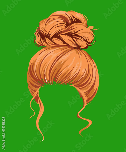 Illustration of a striking woman with vibrant auburn hair pulled into a very high, curly, and intricate top knot bun with soft, cascading strands for an artistic look