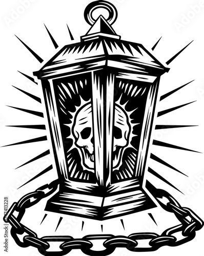 SVG skull with lantern, forgotten Halloween theme. Skull Lantern Illustration with Chain and Radiant Background