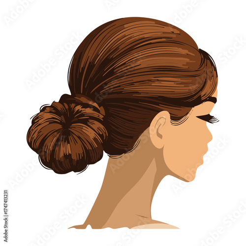 Illustration of a serene woman in profile with wavy chestnut brown hair styled into a voluminous, textured, and slightly messy low bun for an effortless look