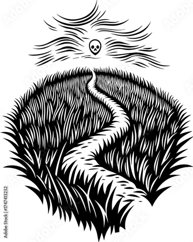 SVG skull with lantern, forgotten Halloween theme. Black and White Illustration of a Skull in a Grassy Landscape
