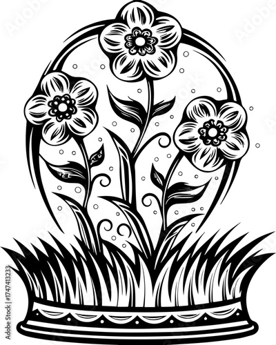 SVG skull with lantern, forgotten Halloween theme. Black and White Floral Design with Flowers and Grass Elements
