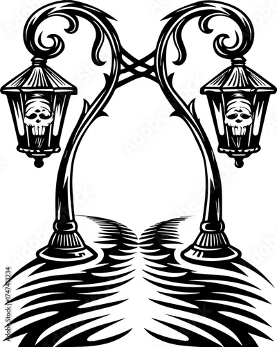 SVG skull with lantern, forgotten Halloween theme. Vintage street lamp illustration with skull design and path motif