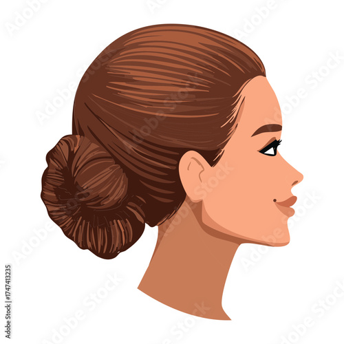 Illustration of a smiling young woman in profile with rich brown hair neatly secured in a stylish, simple, low twisted bun, conveying a relaxed and casual elegance