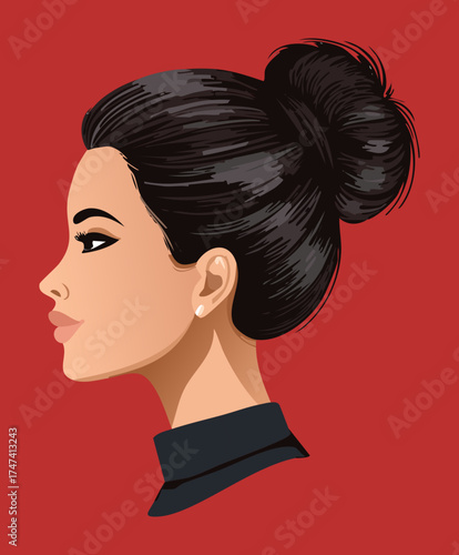 Illustration of a beautiful woman in profile with elegant dark hair styled into a classic, sleek, low side bun, perfect for sophisticated fashion and beauty concepts