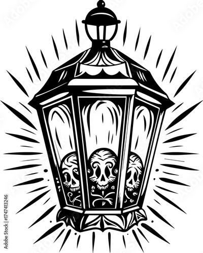 SVG skull with lantern, forgotten Halloween theme. Intricate Lantern Design Featuring Skulls and Radiating Lines