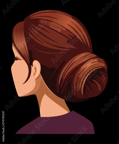 Illustration of an elegant woman viewed from the back, featuring a very large, smooth, and richly coiled low bun of dark brown hair, suggesting a luxurious style