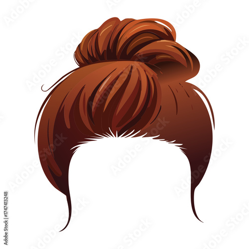 Illustration of a voluminous, messy top knot bun on rich brown hair with visible soft wispy pieces around the hairline, giving a relaxed, everyday hairstyle