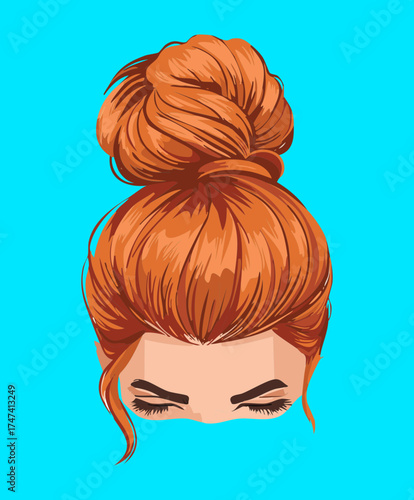 Illustration of a chic high top knot bun made of rich, vibrant auburn hair, emphasizing a neat hairline and a trendy, effortless, voluminous hairstyle concept