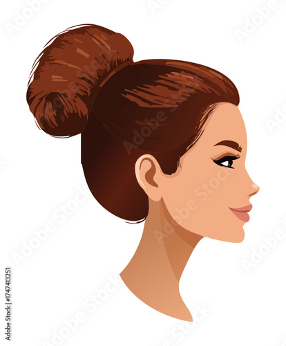 Illustration of a confident young woman in profile with messy, voluminous brown hair pulled into a high, full bun, showing a stylish, casual, and modern aesthetic