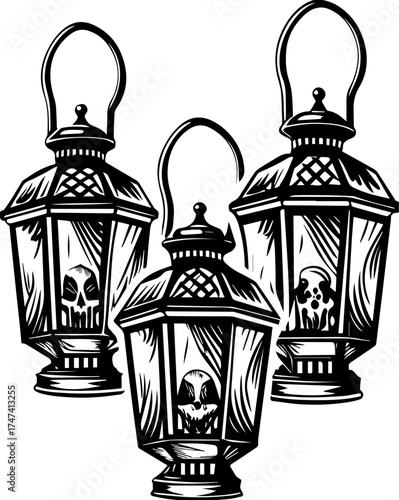 SVG skull with lantern, forgotten Halloween theme. Vintage Lanterns in Black and White Illustration Design