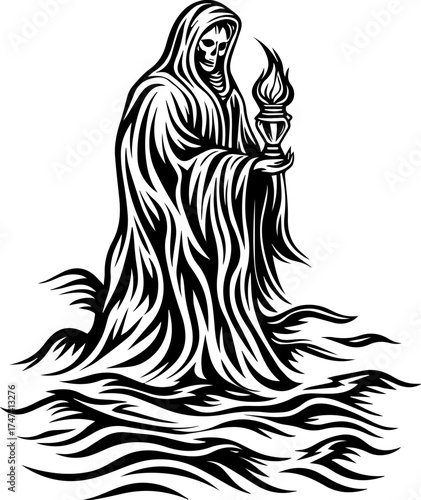 SVG skull with lantern, forgotten Halloween theme. Mysterious Figure with Torch Emerging from Waves in Black and White
