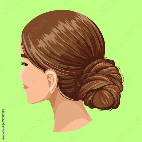 Illustration of a stunning woman in profile with rich, highlighted brown hair styled into an intricate, low, side-swept bun, conveying sophistication and elegance