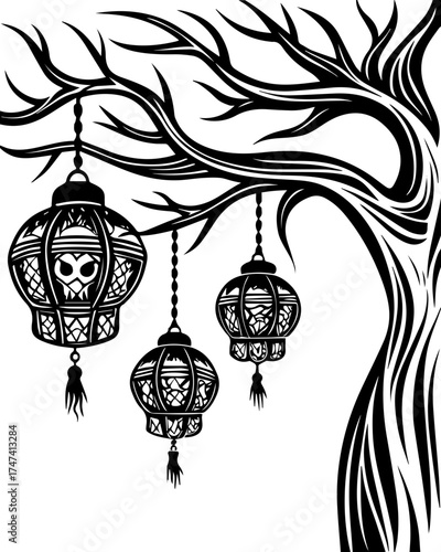 SVG skull with lantern, forgotten Halloween theme. Elegant Black Lanterns Hanging from a Stylish Tree Silhouette