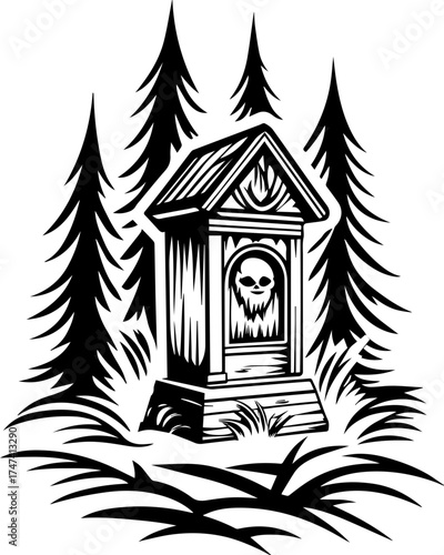 SVG skull with lantern, forgotten Halloween theme. Creepy Grave Marker Surrounded by Forest Trees in Black and White