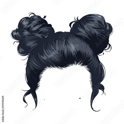 Illustration of long, heavily textured black hair styled into two very large, messy, voluminous space buns with strands falling loose, emphasizing dramatic fullness