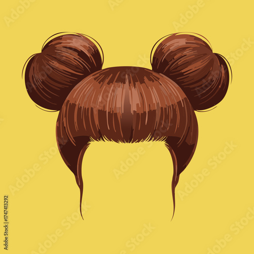 Illustration of rich brown hair pulled back with fringe and styled into two symmetrical, full, polished low buns, highlighting a neat and sophisticated updo design
