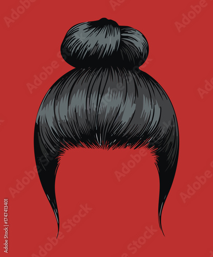 Classic and elegant black hair top knot bun Hairstyle with a smooth fringe for a timeless fashion statement