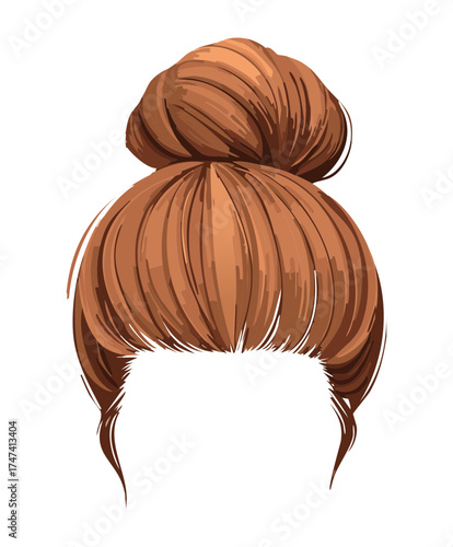 Voluminous and chic high bun updo Hairstyle in a classic brown shade featuring a perfectly cut straight fringe
