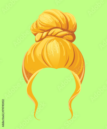 A casual and trendy messy top knot Hairstyle in a sunny blonde color, perfect for an everyday stylish look