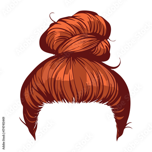 A voluminous and stylish messy high bun Hairstyle in a vibrant auburn shade, shown from a rear view