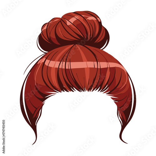 A classic and neat high top knot bun Hairstyle shown from the back, created with rich brown hair