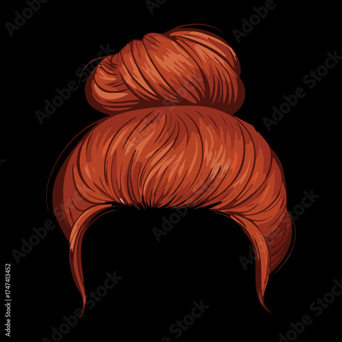 Rear view of a woman's trendy high messy bun Hairstyle in a beautiful and warm auburn hair color