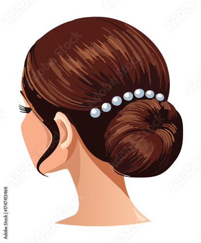 A bridal low bun chignon Hairstyle in dark brown hair, elegantly decorated with a string of white pearls