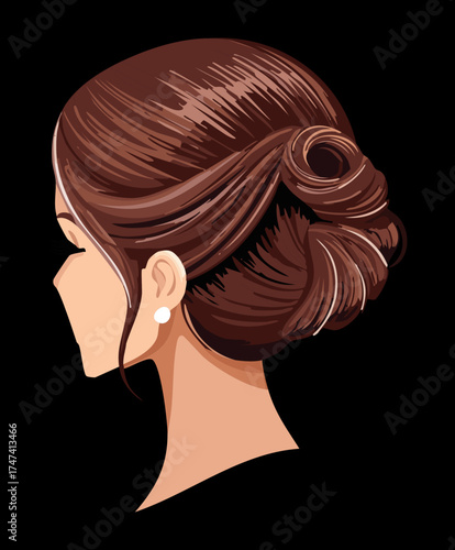 Elegant side view of a brunette woman with a classic low chignon bun Hairstyle, perfect for a wedding
