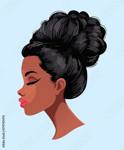 Beautiful woman with closed eyes showcasing a sophisticated high bun updo Hairstyle for a serene look