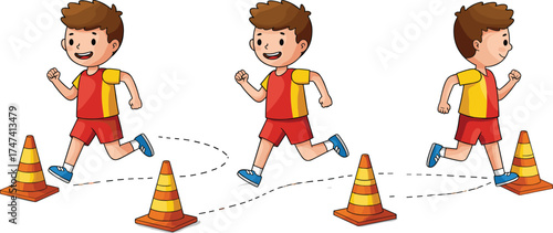 Cartoon boy running through traffic cones, obstacle course training, children exercise activity, playful motion illustration, fitness concept, agility practice, sports coordination